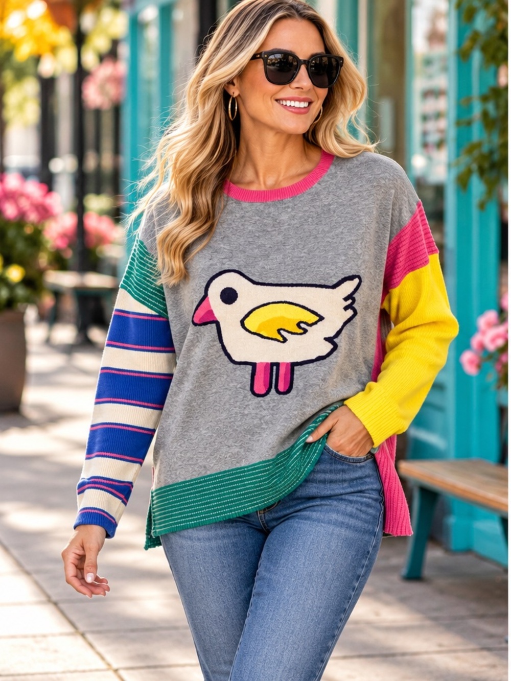 DG2 Diane Gilman Bird Intarsia Colorblock Sweater Size M Oversized NWOT